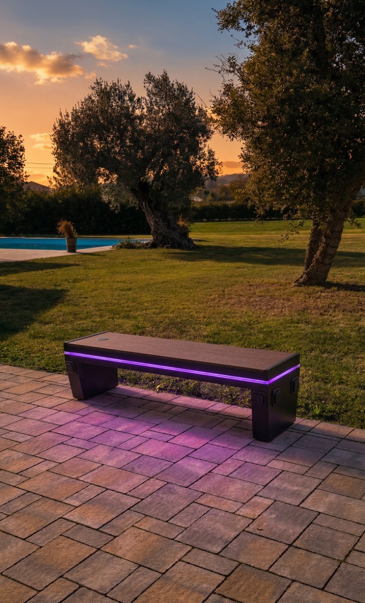 Panchina smart con illuminazione LED in un parco al tramonto