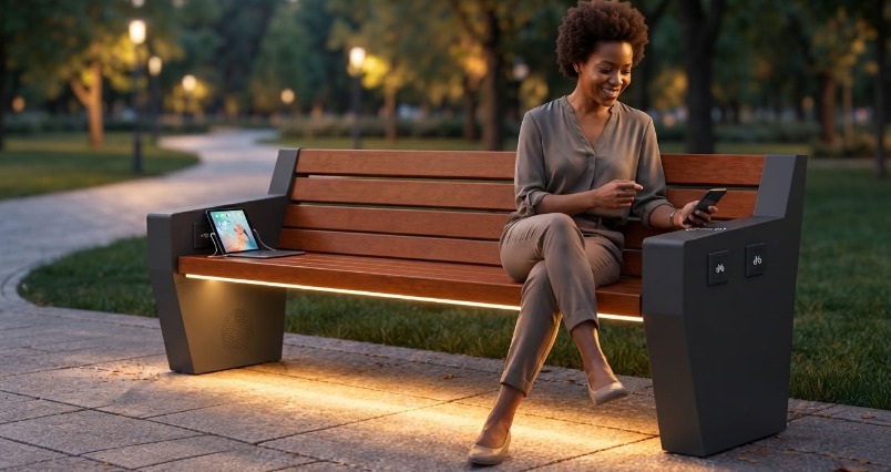 Panchina smart Innovative Studio con ricarica USB e tablet integrato